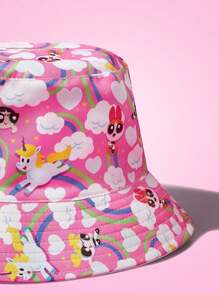THE POWERPUFF GIRLS X SHEIN 1pc Cute Cartoon Unicorn Pattern Reversible Bucket Hat, Unisex, Suitable For Casual Wear - Blue - View 3