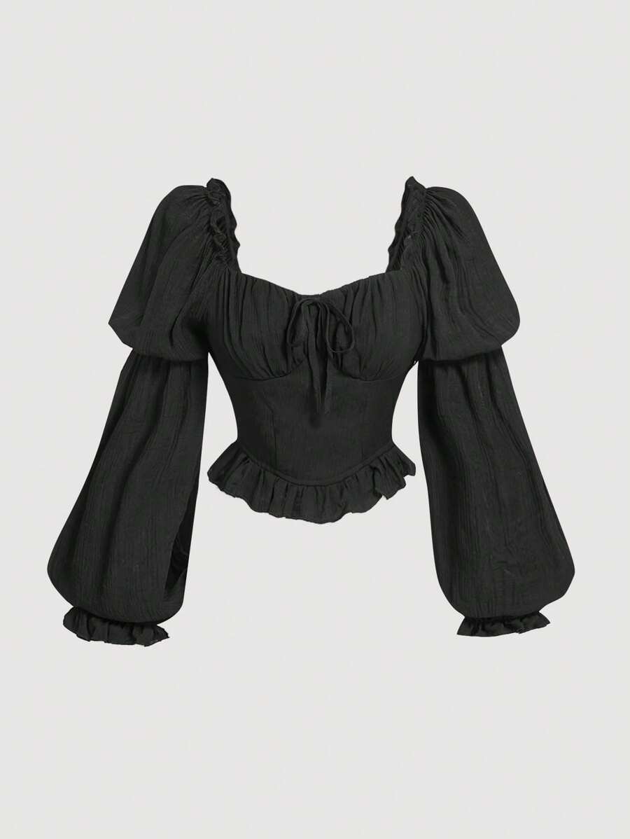SHEIN MOD Áo cánh thanh lịch màu trơn cổ tim tay đèn lồng xếp nếp buộc phía trước cho nữ xuân hè - màu đen - Xem 1