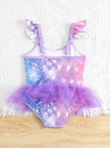 Baby Girl Fish Scale Print Mesh Patchwork One Piece Swimsuit For Beach/Resort - Multicolor - View 2