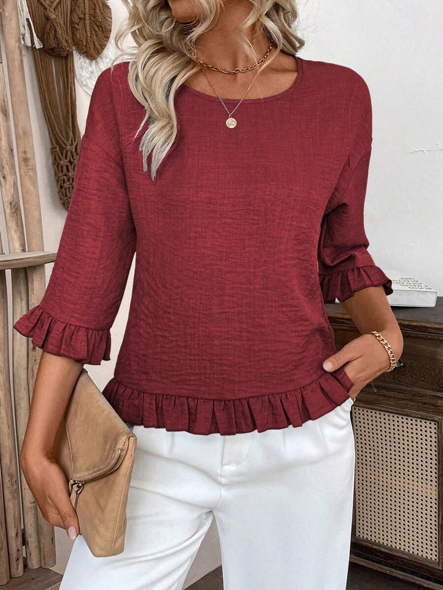 LanaWest 女士休闲衬衫，短袖，圆领，宽松版型，机织面料，拼布荷叶边下摆，度假 - 紅色 - 查看 1