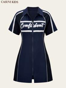SHEIN 1 pieza Vestido de carreras de cuello polo ajustado para adolescentes niñas, con estampado de gráficos y letras