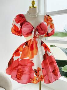Ceyna Plus Size Elegant Floral Print Twist Knot Hollow Out Drawstring Shift Summer Holiday Dress Romantic Mini-Dress