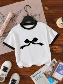 GraphicGems Baby Girl Bow Printed Trim Round Neck Short Sleeve Casual Top