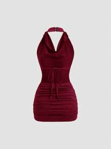 Sweetra Mini-rochie drapeată pe gât, fără spate, în talie, slim fit, bodycon, fără mâneci, sexy, neagră