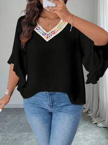 SHEIN LUNE Plus Size Women Casual Holiday Ruffle Sleeve Blouse - Black - View 4