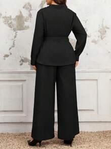 SHEIN LUNE 女士法式优雅休闲通勤度假纯色实用衬衫式领子 V 领口袋金属纽扣装饰收腰喇叭长袖衬衫 + 松紧腰阔腿裤套装 - 黑色 - 查看 2