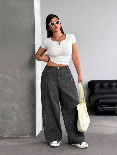 SHEIN ICON Jeans holgados con estampado de leopardo de talla grande, estilo casual de Y2K