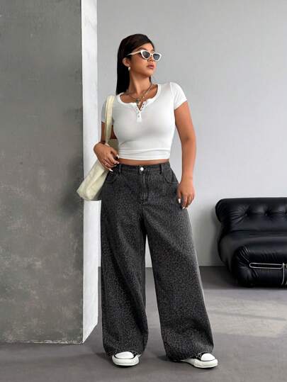 SHEIN ICON Jeans holgados con estampado de leopardo de talla grande, estilo casual de Y2K