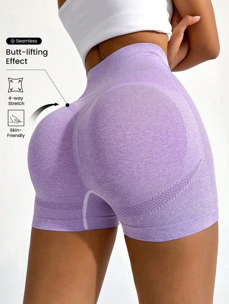 SHEIN Sports Pantalones cortos deportivos con control de abdomen, shorts elásticos para mujer, shorts para gimnasio, shorts de ciclista - Lila Púrpura - Ver 1