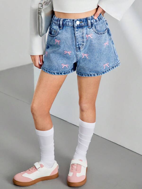 Tween Girl' New Bow Embroidered High Waist Flared Leg Denim Shorts, Summer A-Line Bodycon Hot Pants
