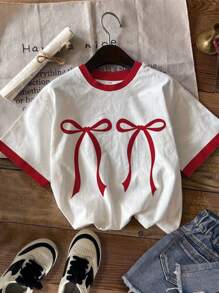SHEIN Cute Bow Print, Red Color Blocking, Tween Girls' Casual Simple Short Sleeve Round Neck T-Shirt, Suitable For Summer - White - View 3