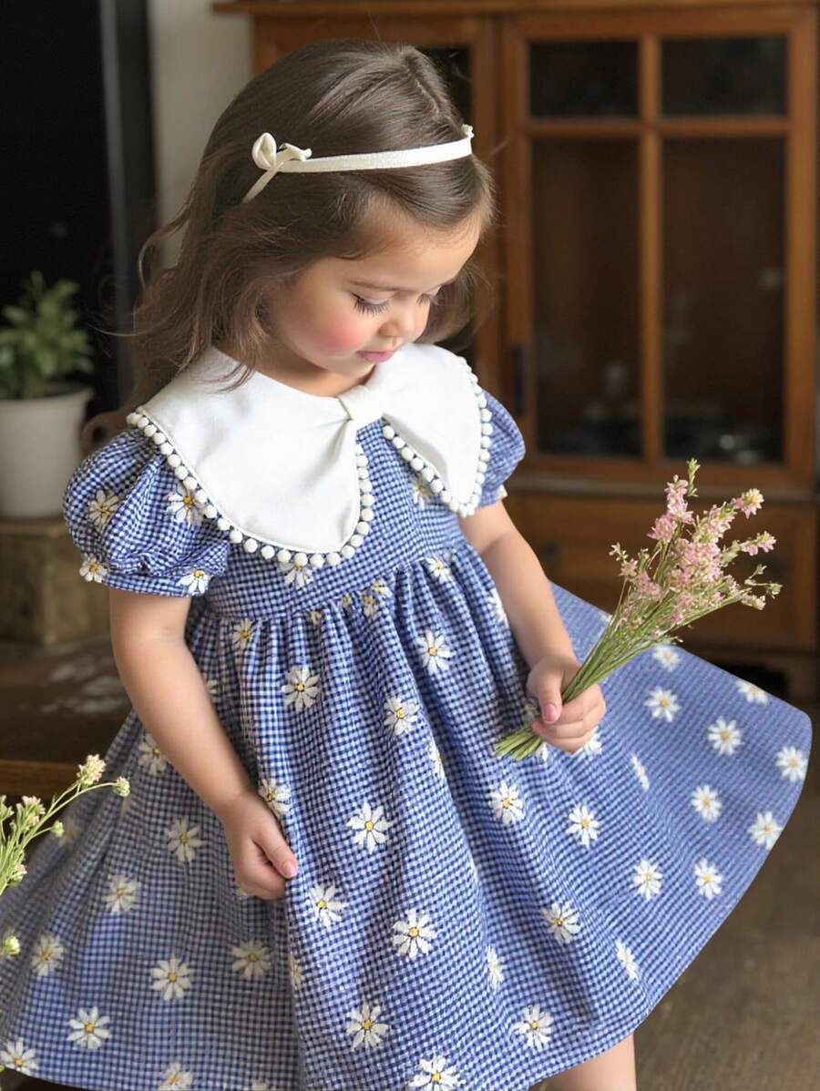 SHEIN LMoss Kids Gaun Berkerah Motif Bunga Kotak-kotak Lucu untuk Bayi Perempuan, Musim Panas - Biru - View 1