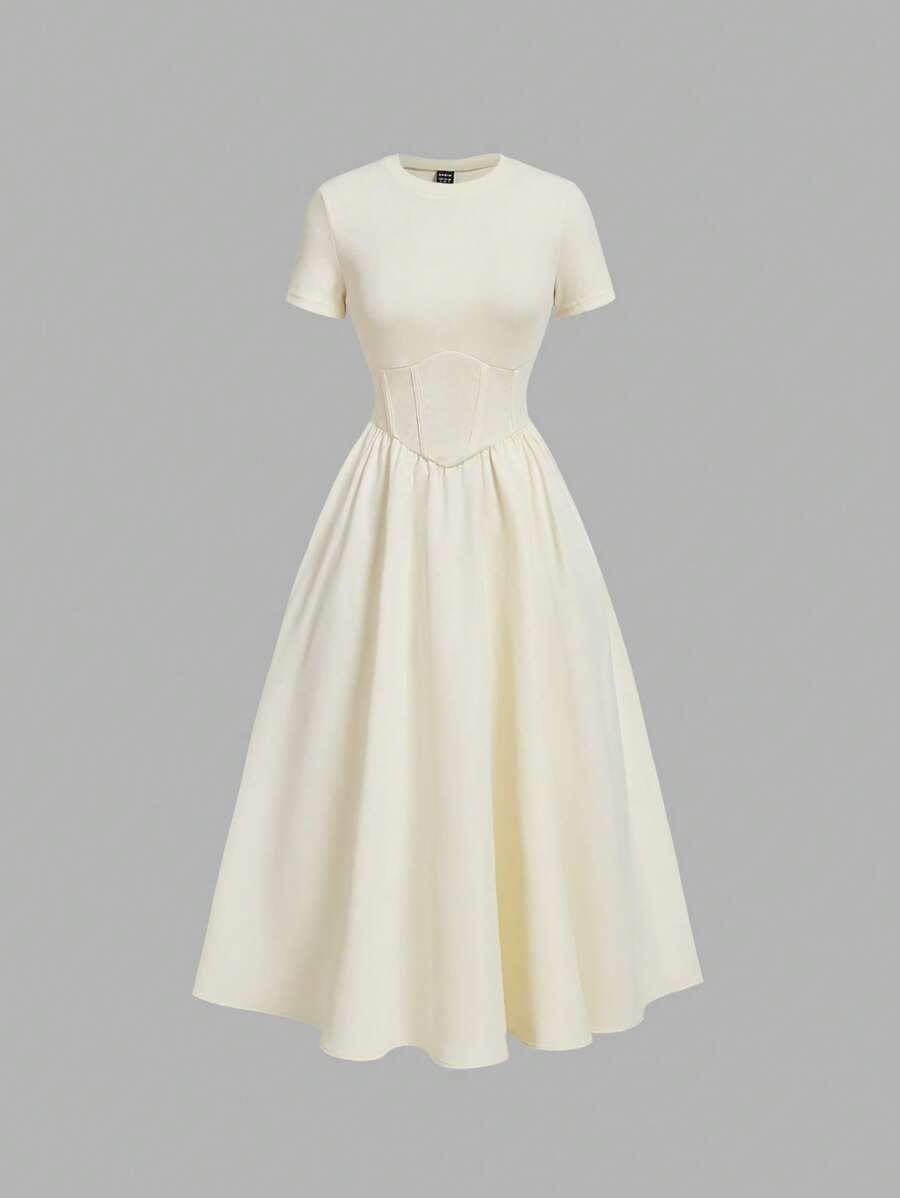 SHEIN MOD 杏色鱼骨图案短袖中长连衣裙，女士办公室服装，休闲装，度假装，波西米亚风，女士工作服 - 杏色 - 查看 1