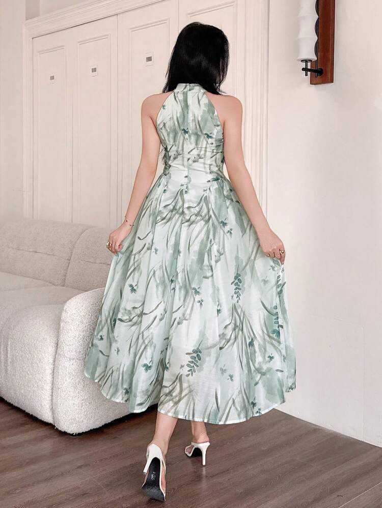 Abito da donna con stampa floreale completa e collo alla coreana, adatto per la Pasqua