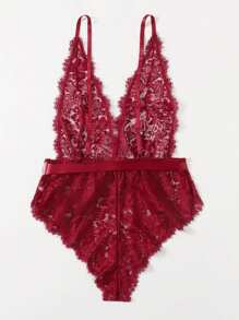 SHEIN 2 件套加大码蕾丝无线紧身衣和腰带 - 酒紅色 - 查看 6