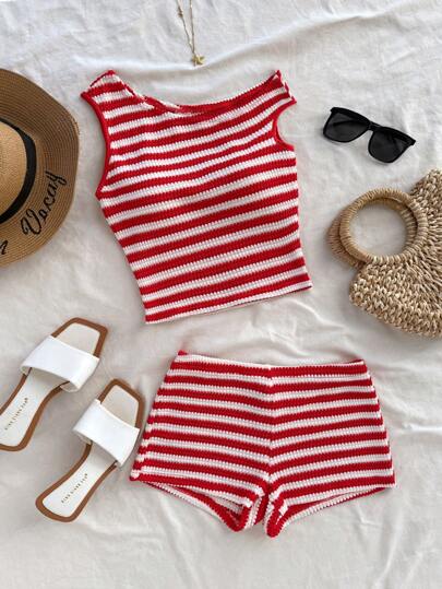 Soleia Plus Size Women Red & White Stripe Knit Asymmetrical Neck Top & Low Waist Skinny Shorts 2 Pieces Set, For Vacation, Party, Christmas, Valentine's Day, Date, Beach, Carnival, Easter, Chinese New Year