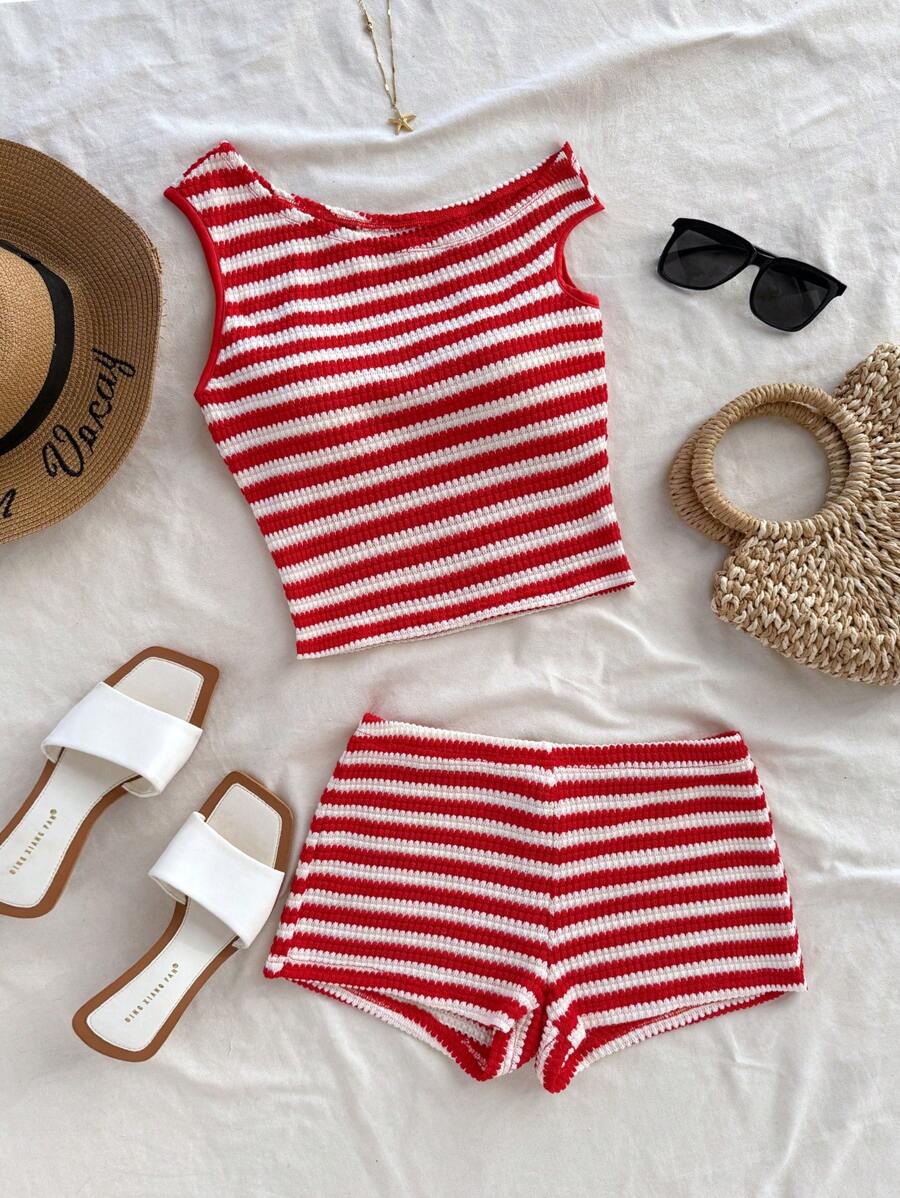 Soleia (No Chest Padding)Plus Size Women Red And White Stripe Knit Asymmetrical Neck Top & Low Waist Skinny Shorts 2 Pieces Set, - Red and White - View 1