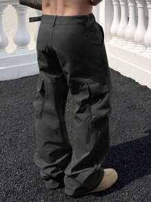 Manfinity LEGND 男士美式直筒宽松纯色多口袋休闲工装裤，修身，工装裤，情人节黑色裤子，秋季