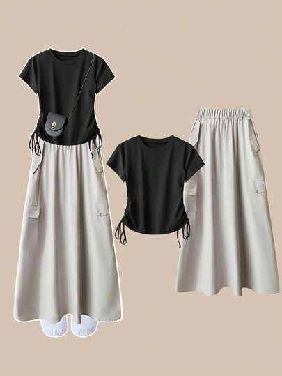 SHEIN LUNE Conjunto de 2 piezas talla grande para mujer: Top corto de punto y falda de cintura elástica, estilo casual