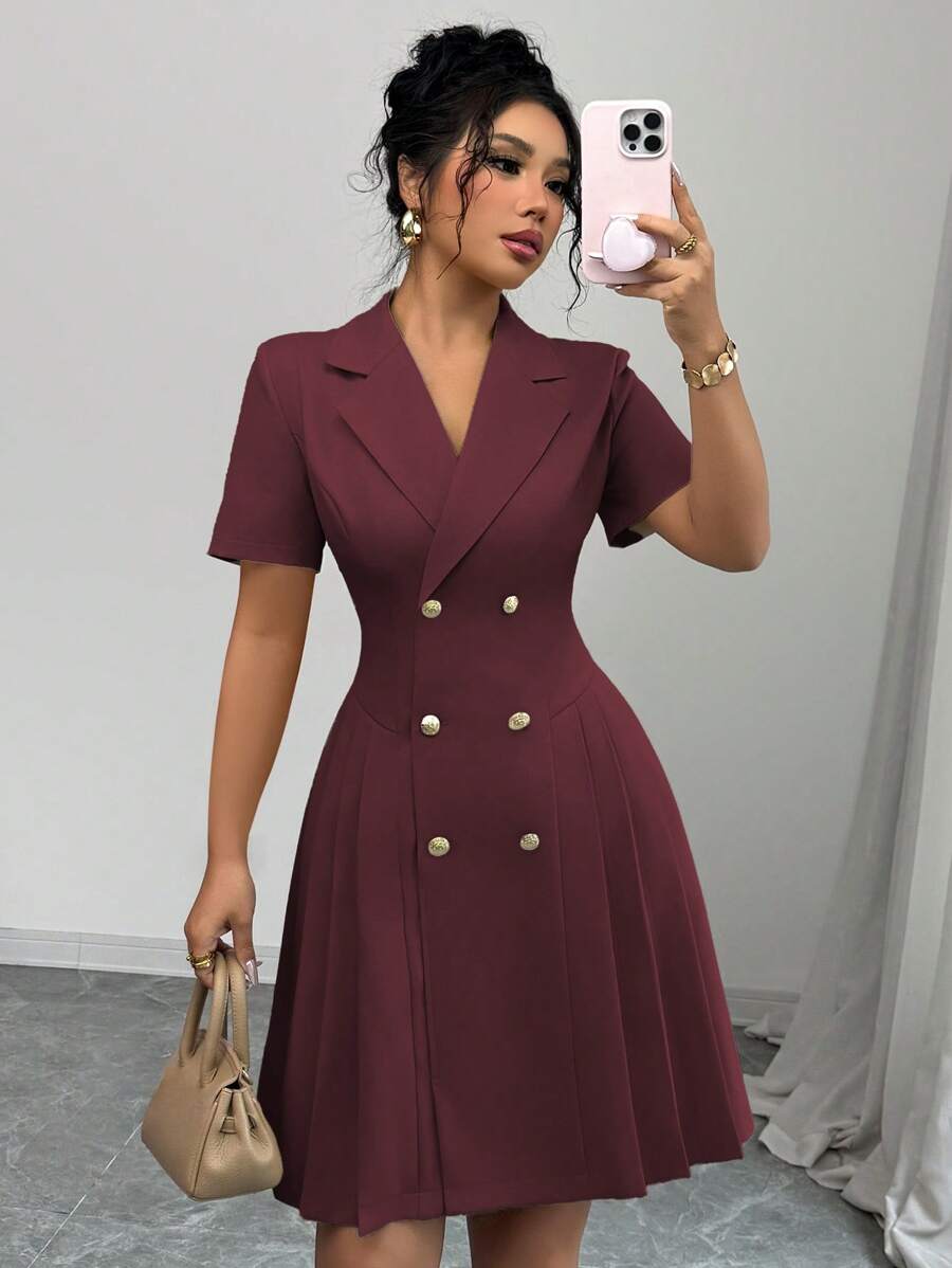 Elenzga Women's French Style Office Commute Dress, Elegant Lapel V-Neck Double-Breasted Waistline A-Line Ruffle Hem Short Sleeve Mini Dress, Spring/Summer - Burgundy - View 1