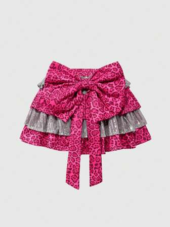 Minifalda de mujer con volantes, lazo decorativo, parches de lentejuelas y estampado de leopardo retro del Milenio Y3K