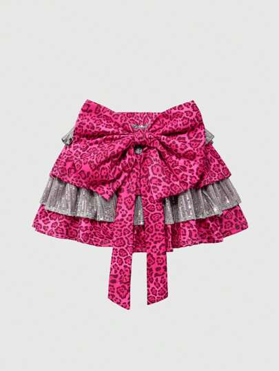 Damen Y3K Millennium Baddie Retro Leoparden Muster Pailletten Patchwork Rüschen Saum Schleife Dekor Mini Rock