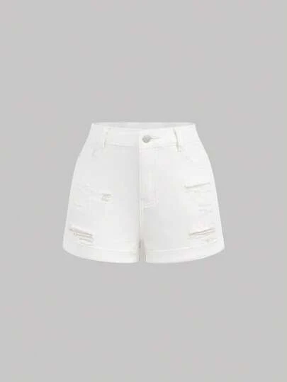 SHEIN Girlism Tween Girls' Spring Summer Boho Casual Ripped Roll Up Hem Denim Jeans Shorts,Summer Girls Clothes