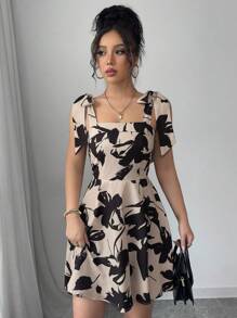 Elenzga Vestido camisero mini con estampado floral elegante para mujer