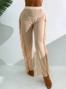 SHEIN Swim Women's Vacation Solid Color Ruffle Hem Cover Up Pants - Apricot - View 5