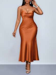 SOLERSUN Plus Size Women's Clothing Hanging Neck, Suspender, Swing Collar, Pocket Collar, Low Waist, Cross Open Back, Fishtail, Long Green Matcha Green Dress, Sexy And Elegant Party Dress, Sisters Evening Dress, Ladies Dress Maxi Satin Women Outfit /Spring Outfits For Women Wedding Guest Dress Women Concert Outfit Women