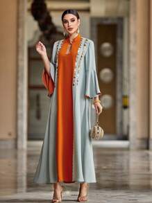 Layrah Women's Arabic Style Patchwork Color Block Flare Sleeve Crystalline Embroidered Decorated Dress,Modest - Multicolor - View 6