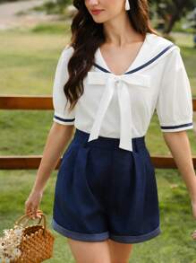 Vintamour Vintage Elegant Women's Blouse Navy Style Contrast Color Bowknot Casual Holiday Tops Spring/Summer Summer Tops Summer For Women Spring For Women Easter White Top Summer Vacation Women Tank Tops Crop Tops Shirts For Women Cute Tops Spring Tops Blouse White Shirt Shirts Women Going Out Tops Women Easter Women Summer Shirts Birthday For Women Summer Tops Women Concert Women Top