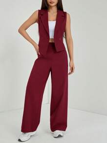 SHEIN PETITE Two Pieces Fall Outfits 2pcs/Set Women Solid Color Sleeveless Top And Pants Fall Clothes - Burgundy - View 5