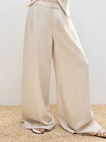 LYSMO 女士纯色褶皱阔腿宽松休闲裤，百搭 - 杏色 - 查看 1