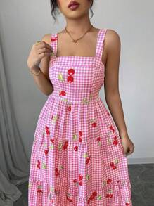 Elenzga Women's Blue Plaid & Cherry Print Ruffle Trimmed Slip Dress For Vacation - Pink - View 7