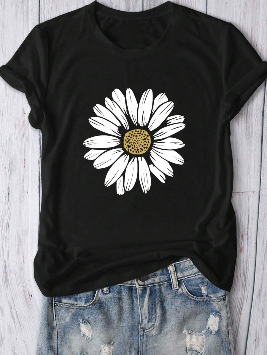 SHEIN LUNE 大码夏季休闲花卉印花短袖 T 恤 - 黑色 - 查看 1