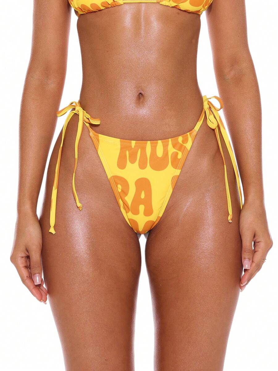 Musera Resort 系带印花比基尼泳裤 夏季春季度假性感俱乐部伊比沙岛沙滩装 节日锐舞 纳米科技 - 黃色 - 查看 1