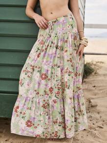 Aralina 夏季波西米亚风花卉印花多层抽绳腰部度假超长沙滩裙 - 彩色 - 查看 3