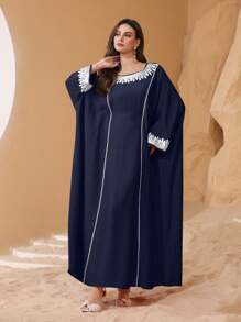 Al Najma 女士土耳其和阿拉伯传统长款束腰外衣，露肩袖饰边，春夏季，朴素的卡夫坦 - 寶藍色 - 查看 4