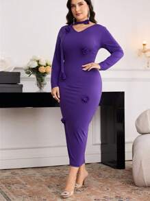 Modelyn Plus Size Elegant Solid Color 3D Floral Decor Slim Fit Dress - Purple - View 7