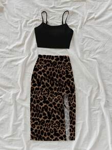 Soleia Casual & Holiday Style Black Solid Color Spaghetti Strap Tank Top & Khaki Leopard Print A-Line Split Hem Skirt 2 Pieces Set For Women,Summer Sets Suitable For Going Out - Khaki - View 3