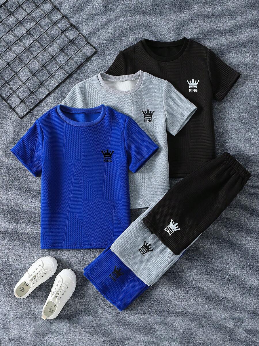 2pcs/Set Boys Crown & Letter Print Plain Texture Round Neck Short Sleeve T-Shirt & Shorts Set, 3-Piece Outfit, Suitable For Summer, School, Campus, College - Multicolor - View 1