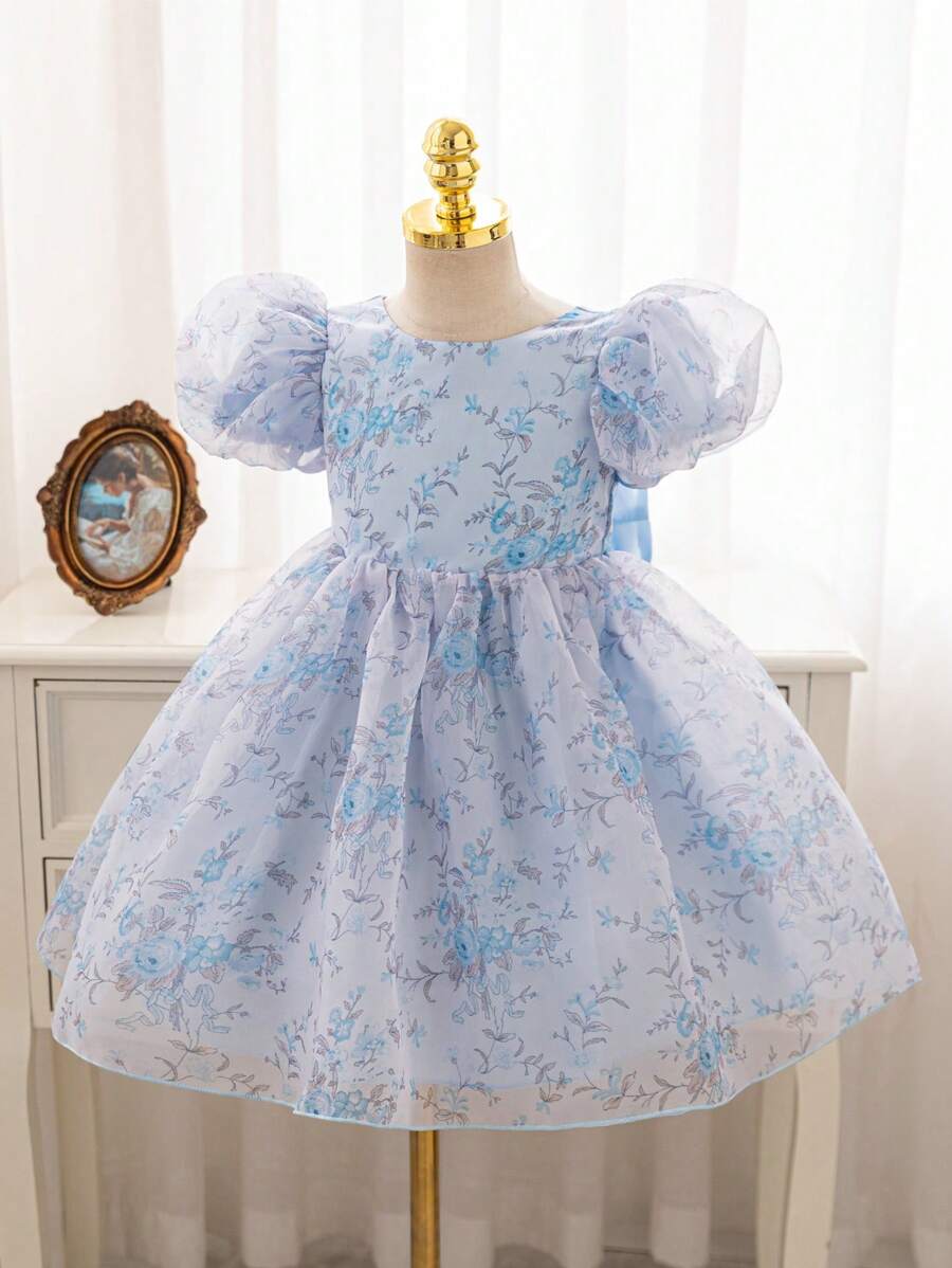 SHEIN Glamorique Kids Mother's Day Gift Mommy And Me Outfits Flower Girl Birthday Party Wedding Festival Dress Girls' Princess Dress After Fortune Double Layer Big Bow Chiffon Blue Floral Dress Suitable For Stage Steel Performance Hosting Attending Parties Or Special Events Taking Artistic Photos To Make It Natural And Beautiful Four Seasons Frequently Wearing Europe And America - Blue - View 1