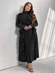 Firerie Đầm mini gợi cảm thiết kế thanh lịch cho đi làm và hẹn hò cỡ lớn, đầm ôm cổ tròn dài tay có viền xếp nếp, dáng chữ A, phù hợp cho mùa xuân thu - màu đen - Xem 2