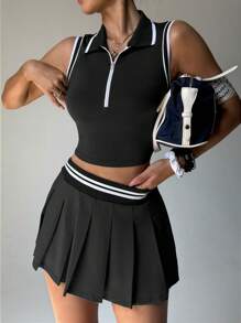 Easithlete 女士两件套瑜伽套装 - 拼色装饰背心和褶皱 A 字裙，运动服