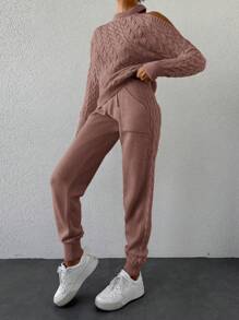 EURMUSE 2pcs Women Solid Color Open Shoulder Long Sleeve Sweater And Pants Set, Casual - Rusty Rose - View 3