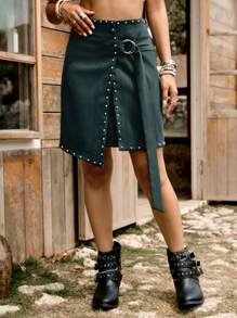 LanaWest Spódnica midi damska Vintage Rivet Asymetryczna przednia talia Pasek Pętelka