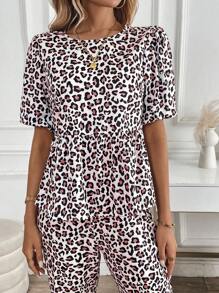 Chiquease 2pcs Women's Casual Leopard Print Short Sleeve Top And Pants Set - Multicolor - View 4