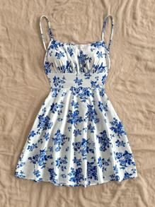 Soleia Ladies Holiday Blue & White Floral Print Open Back Spaghetti Strap A-Line Mini Dress, Suitable For Autumn/Winter Under Layer & Party Wear,Sun Dress - Blue and White - View 7