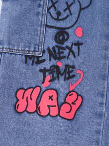 Girls Street Graffiti Wash Straight Leg Mid Waist Blue Denim Jeans - Medium Wash - View 6